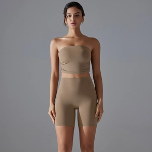 Close-up of the khaki seamless yoga set showing ruched bandeau top and high waist shorts