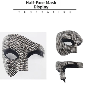 Three-way view of a premium black masquerade mask with silver rhinestones for parties