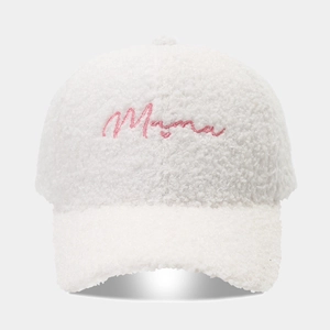 Detail of pink embroidered Mama text on a white faux shearling baseball cap for winter