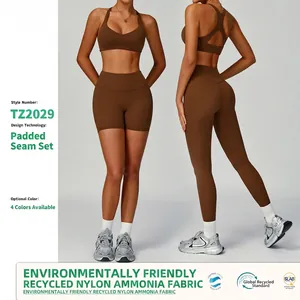 Ensemble de Yoga en Nylon Recyclé pour Femmes Soutien Gorge de Sport à Col en V et Leggings ou Shorts à Taille Haute Tenue d'Entraînement de Gym Deux Pièces