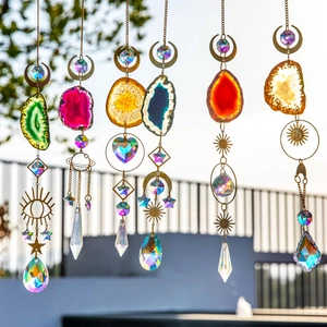 Natural Agate Slice Crystal Suncatcher Rainbow Maker Moon Sun Star Prism Hanging Ornament For Window Car Home Decor