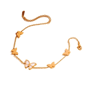 18k gold-plated stainless steel anklet with five butterfly charms and white shell inlay