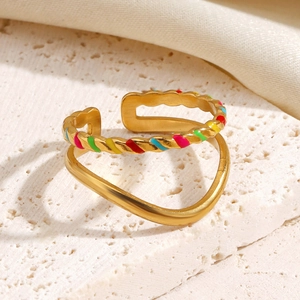 Minimalist double layer gold stainless steel open ring with colorful enamel twist detail