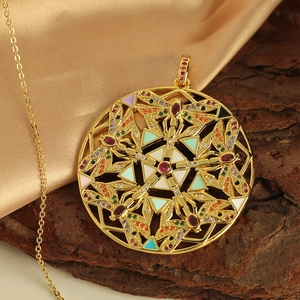 Golden round dragonfly pendant necklace with colorful enamel and zircon inlay jewelry