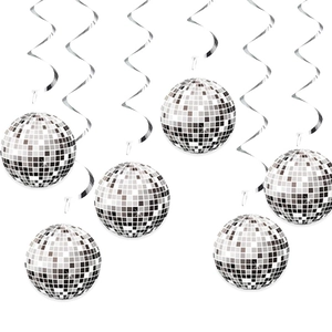 Silver mirror disco ball hanging decorations with spiral swirls for party events