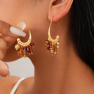 Boucles D'oreilles Bohèmes À Franges En Perles Plaqué Or 18k Cuivre Pierre Naturelle Vintage Croissant Ethnique