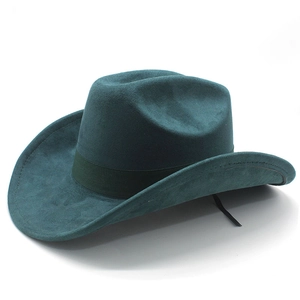 Classic forest green suede western cowboy hat with wide brim and grosgrain ribbon band