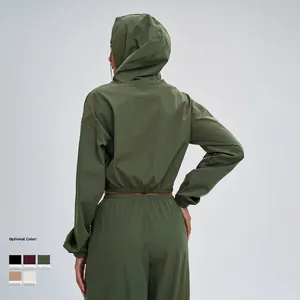 Women's army green hooded sun protection sports set with cropped jacket and matching pants
