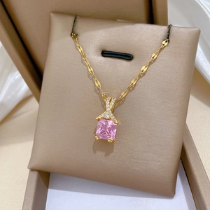 Elegant gold titanium steel necklace with pink square gemstone and pavé crystal pendant
