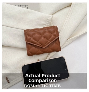 Brown quilted envelope wallet shown next to a smartphone to demonstrate its mini size
