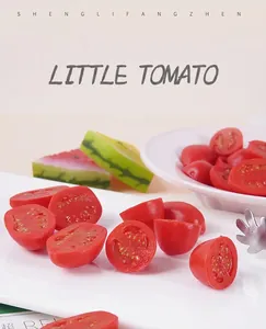 Macro detail of realistic artificial cherry tomato slices with textured seeds and pulp