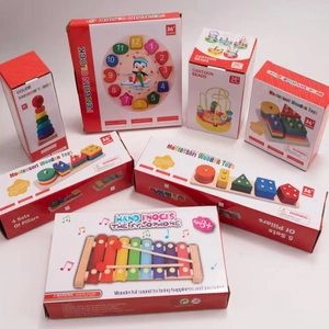 Montessori wooden educational toy set including rainbow tower and penguin clock