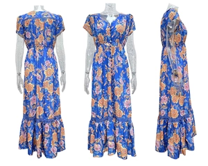 Detail view of V-neck summer dress with floral print, front buttons and ruffled hem