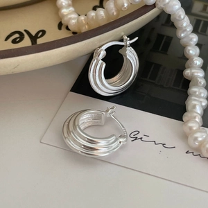 925 Sterling Silver Triple Layered Ribbed Hoop Earrings Minimalist Geometric Textured Huggie Jewelry For Women