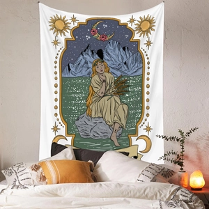 Detail of bohemian tapestry featuring Virgo tarot design in a cozy bedroom setting