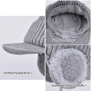 Winter knit baseball cap with fleece lining and ear flaps for men in grey finish