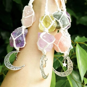 Pendentif en pierres naturelles améthyste et quartz rose tissé main pour voiture avec breloques