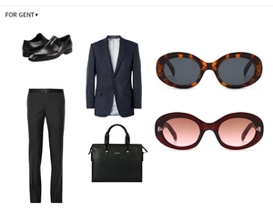 Flat lay of retro oval marble pattern sunglasses paired with men's business fashion suit