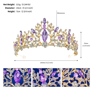 Detailed dimensions of gold bridal crown with purple crystals and rhinestones