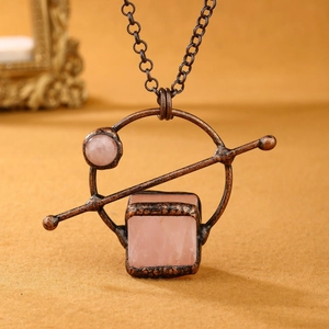 Handmade Retro Pendant Necklace Rose Quartz Pink Crystal Geometric Antique Copper Bohemian Long Sweater Chain Women Gift