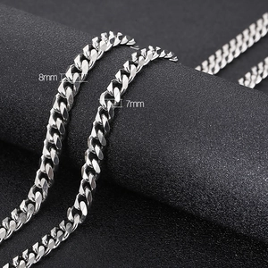 Titanium steel silver Cuban link chains shown in 8mm and 7mm widths for men and women