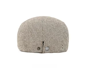 Rear view of brown herringbone tweed newsboy cap showing metal buckle and texture