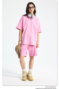 Detail of premium heavy cotton pink sporty set showing thick fabric texture and drawstring