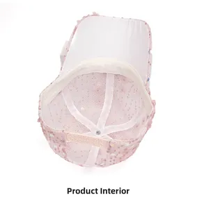 Detailed interior view of pink sequin mesh baseball cap showing adjustable strap