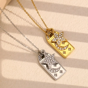 Geometric Square Plate Star Moon Pendant Necklace Stainless Steel 18K Gold Plated Rhinestone Jewelry For Women Daily