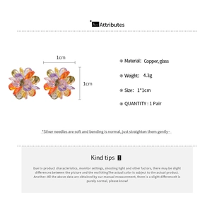 Detail showing colorful flower cluster earrings dimensions and copper glass material data