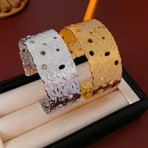 Hammered Copper Cuff Bracelet For Women Wide Textured Hollow Out Open Bangle Fashion Jewelry Adjustable Metal Accessory