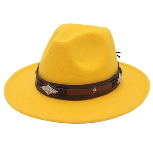 Detail of a bright yellow wool fedora hat with brown leather band and silver metal accents