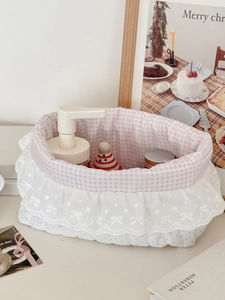 Quilted Fabric Desktop Storage Basket Cotton Gingham Lining Lace Ruffle Skirt Edge Sweet Polka Dot Bow Embroidery Organizer