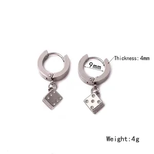 Minimalist silver dice pendant earrings in polished stainless steel with white rhinestones