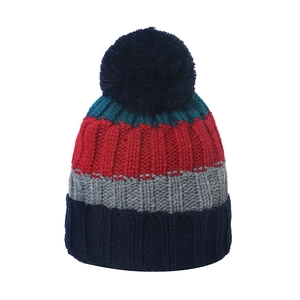 Mens winter knit beanie with colorful stripes and large navy pompom for outdoor skiing