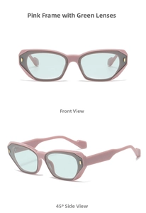 Pink geometric frame sunglasses with transparent green lenses shown from two angles