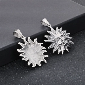 Detailed front and back views of a vintage silver sun face stainless steel pendant