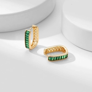 Minimalist gold hoop earrings with emerald green rectangular stones and mesh hollow design