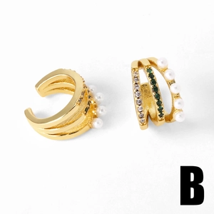 Three-layer gold C-shaped ear cuffs with green gemstones, white pearls and zircons
