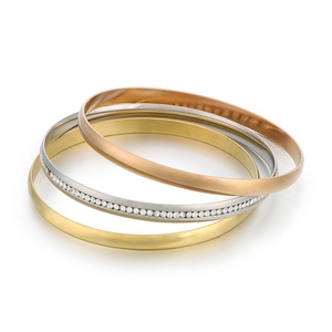 Polished 5.5mm stackable bangle set in gold, rose gold and silver with zircon inlay