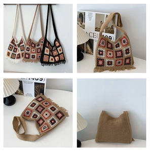 Detail of granny square crochet tote bag with bohemian floral patterns and fringes