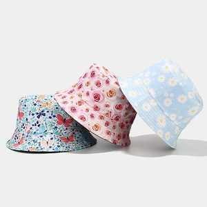 Women Floral Print Bucket Hat Cotton Canvas Sun Protection Outdoor Travel Summer Beach Reversible Folding Fisherman Cap