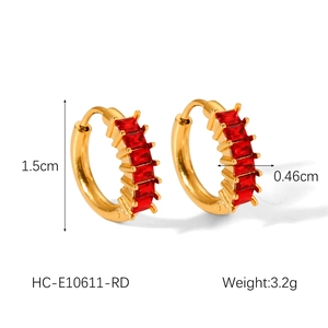 Detail view of gold hoop earrings with red rectangular zircon inlays and dimensions
