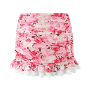 Detail view of pink floral skirt featuring multi-layered pleats and white lace hem edges