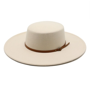 Flat top beige wool felt fedora with a dark brown leather band and metallic buckle