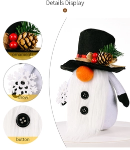 Detailed close-up of a Christmas snowman doll with black hat, pine cones and white snowflake