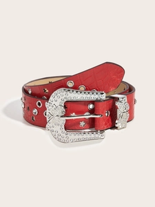 Cintura rossa texture coccodrillo con fibbia a farfalla argentata e strass scintillanti