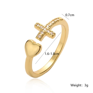 Gold-plated cross and heart open ring with sparkling zircon inlays for women