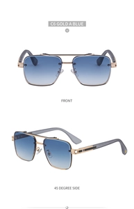 Front and side view of gold rimless sunglasses with blue gradient lenses and metal frames