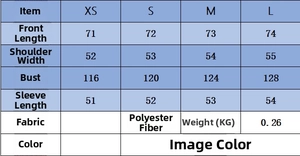 Size chart for casual utility shirt showing chest and length in XS to L measurements